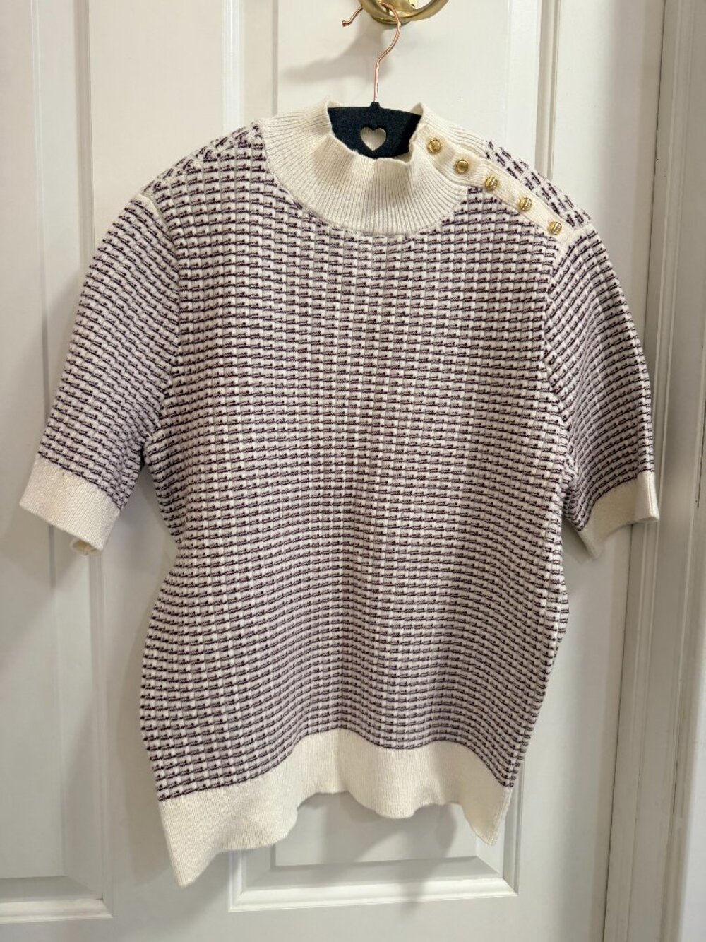 Ann Taylor Textured Plaid Gold Button Sweater L
